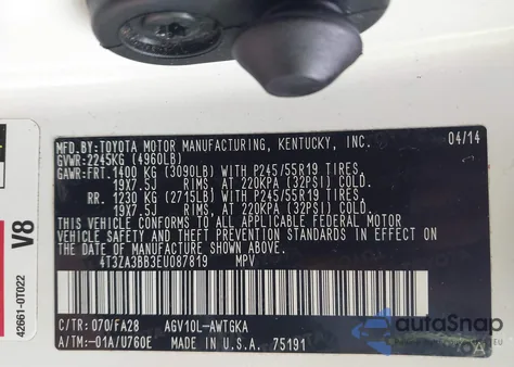 2014 Toyota Venza Le/Xle from USA, damaged, VIN 4T3ZA3BB3EU087819